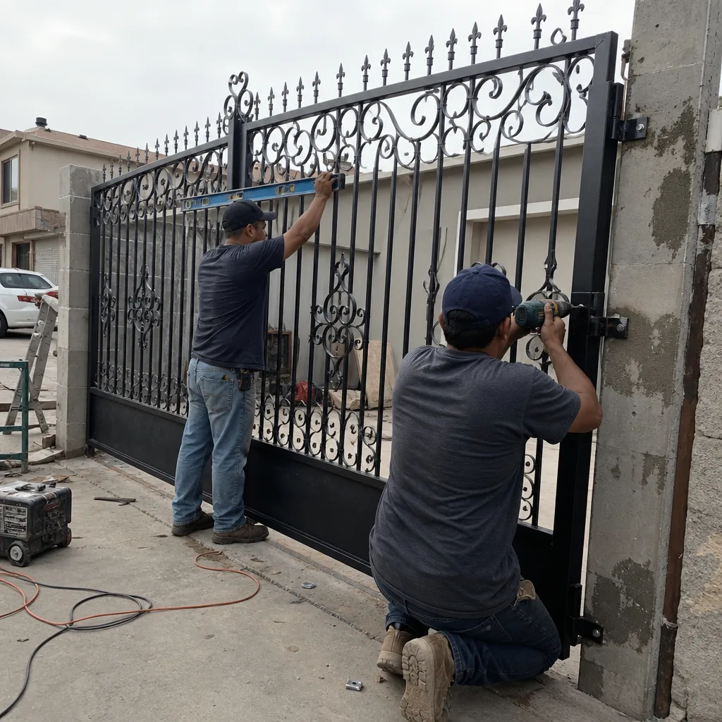 professional contractors installing an ornate wrought iron gate