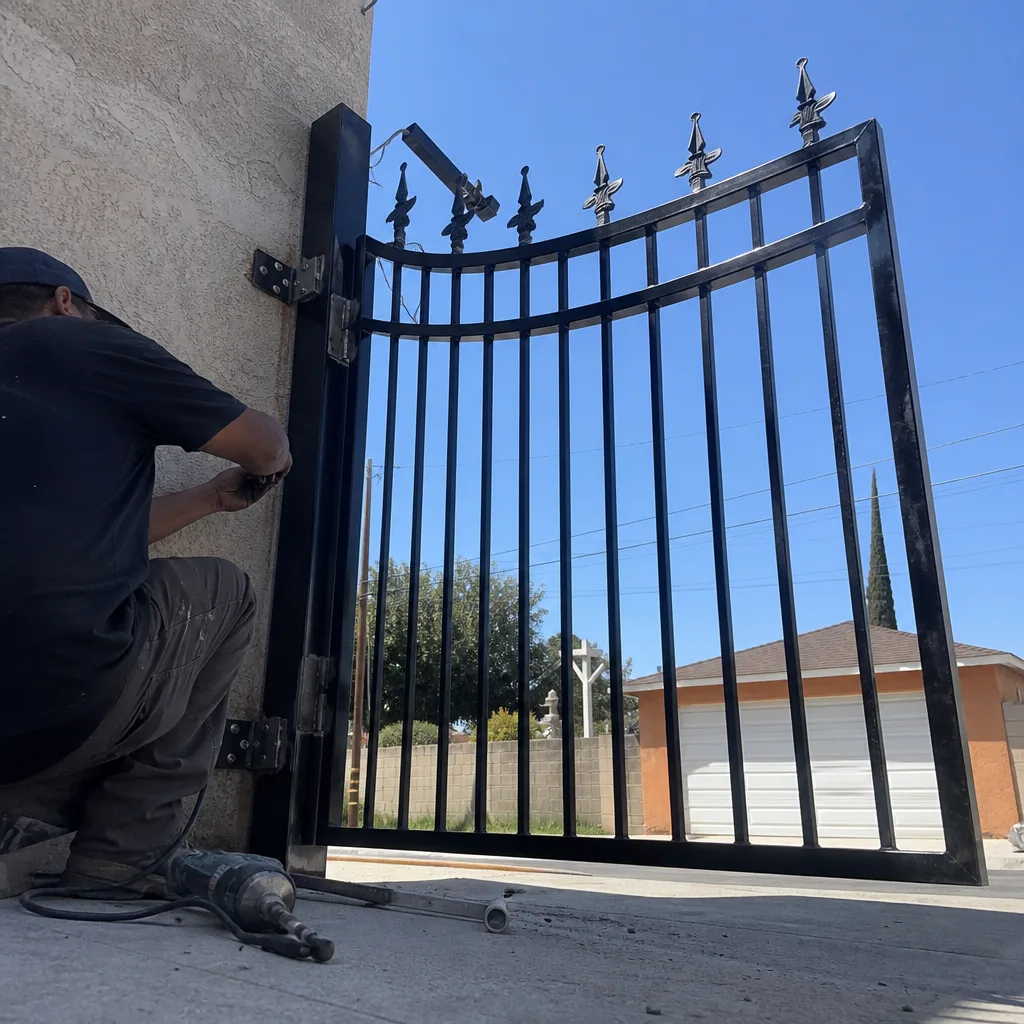 Professional technician installing a black wrought iron gate on a driveway
