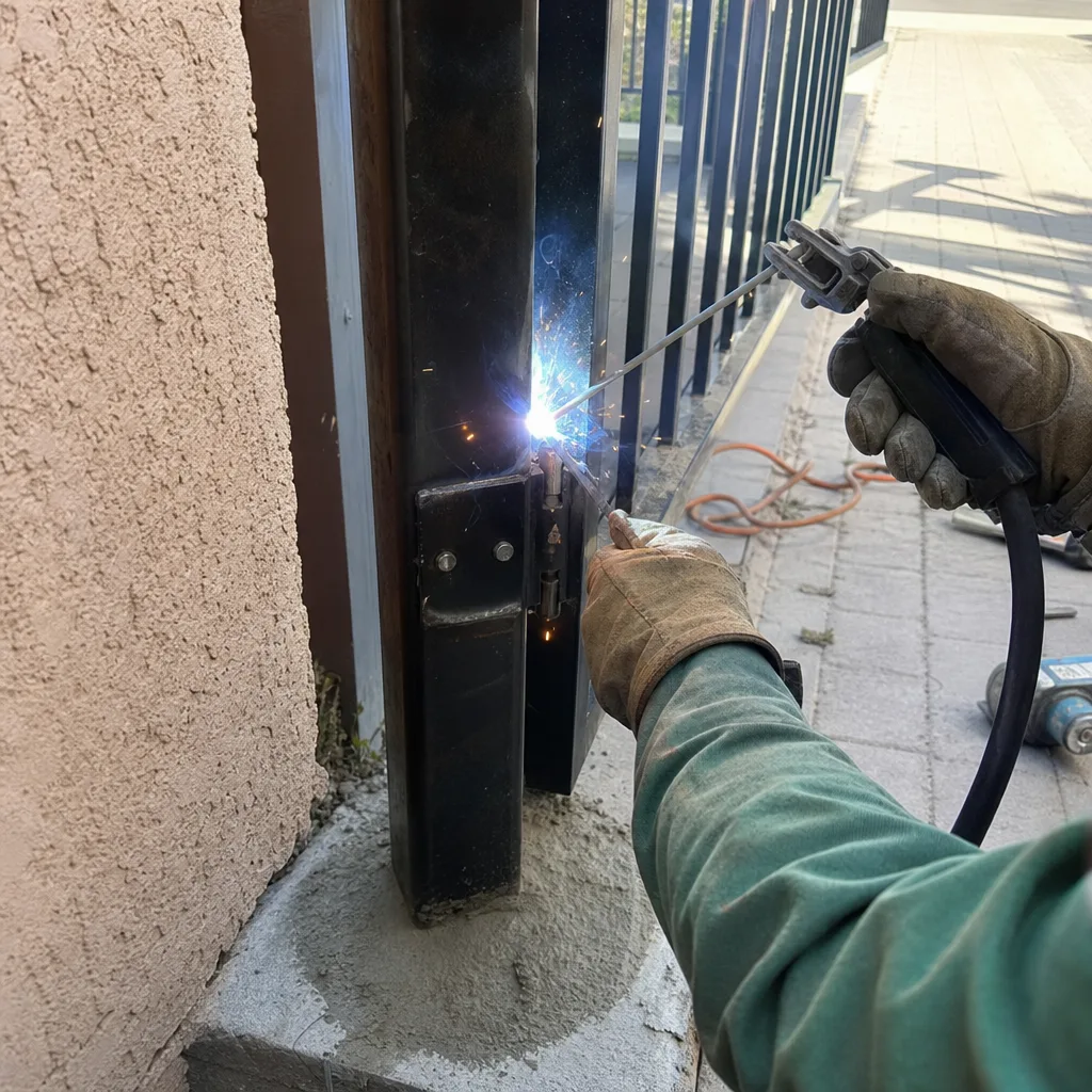 Professional welder performing a gate repair on a steel fence hinge